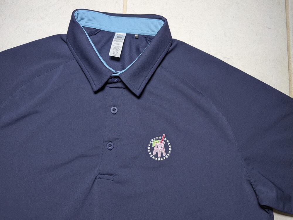 UNRL Men's Medium Shirt Polo Lime Barstool Golf Performance Stretch Logo Navy